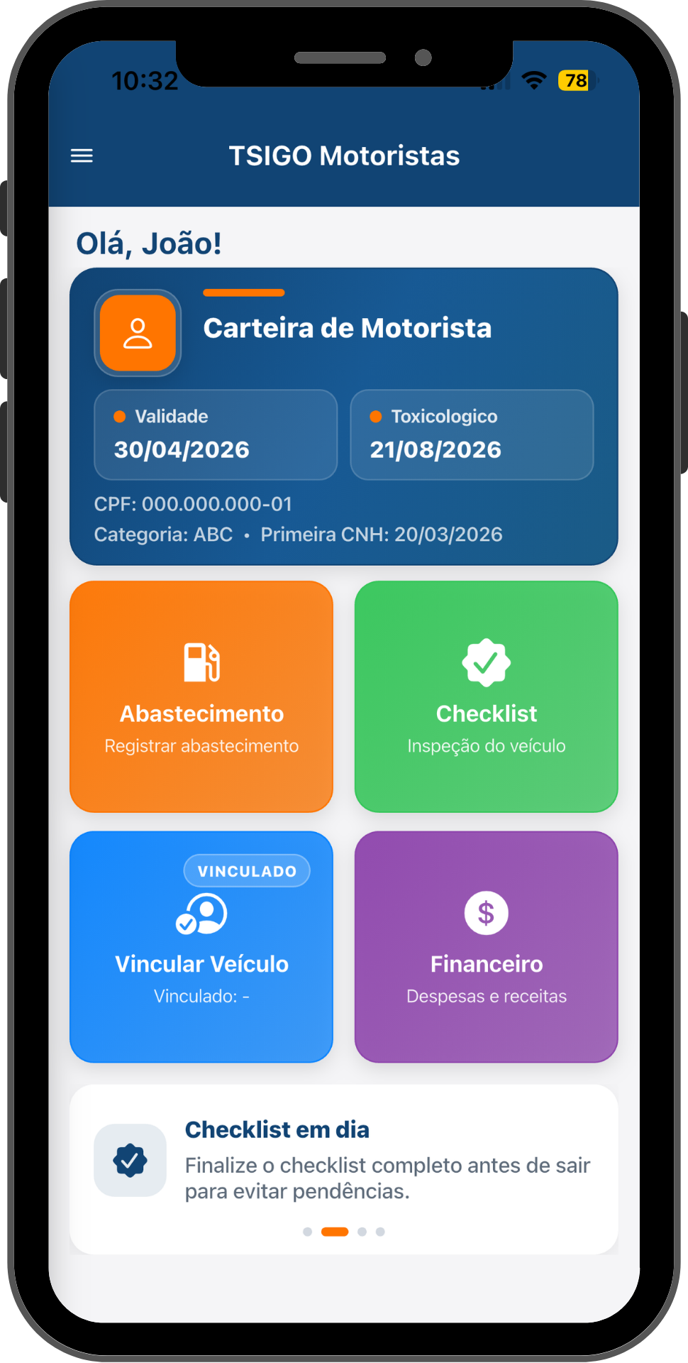 Tela inicial do app TSIGO Motoristas