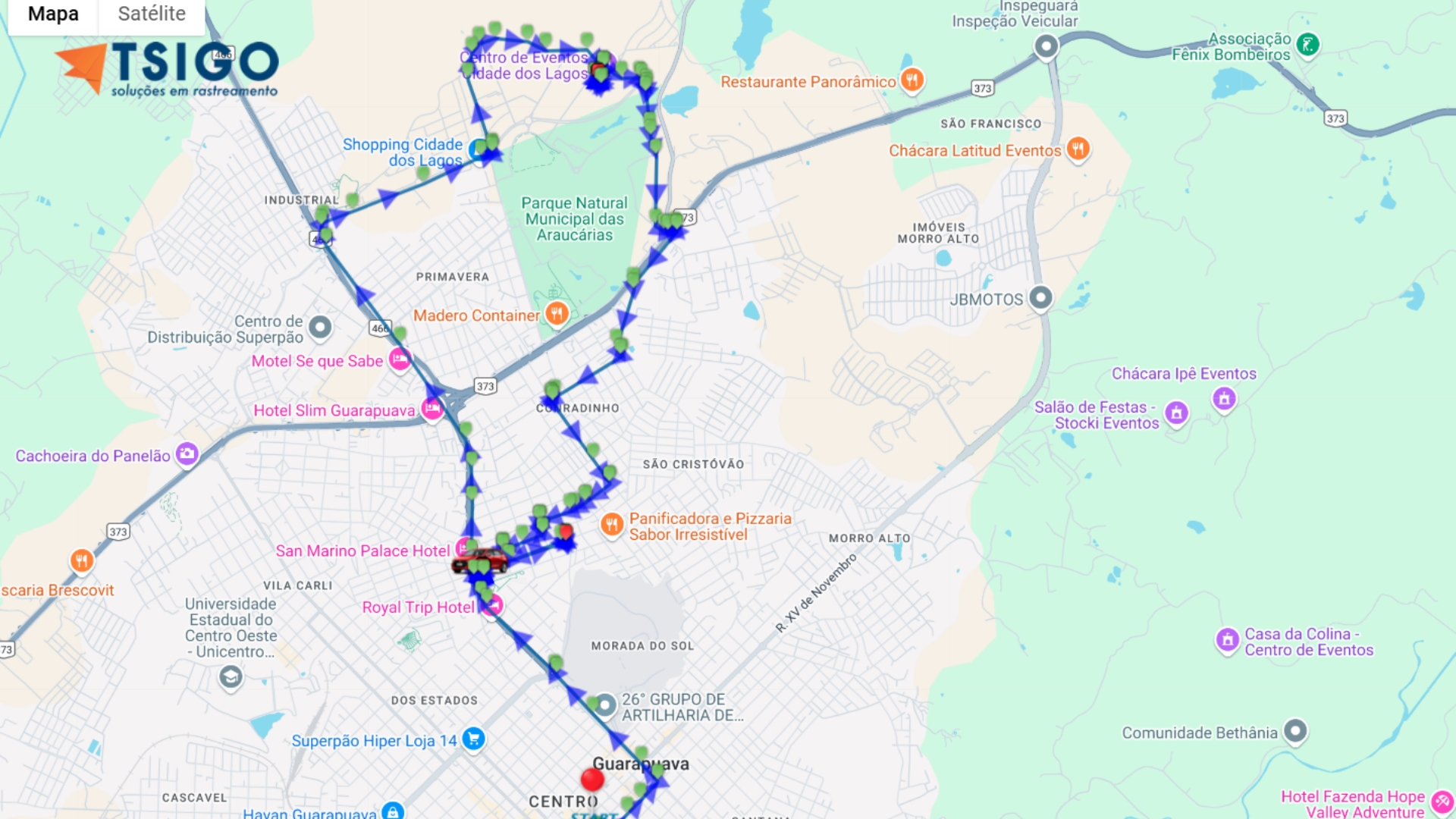 Trajeto percorrido no mapa da plataforma TSIGO
